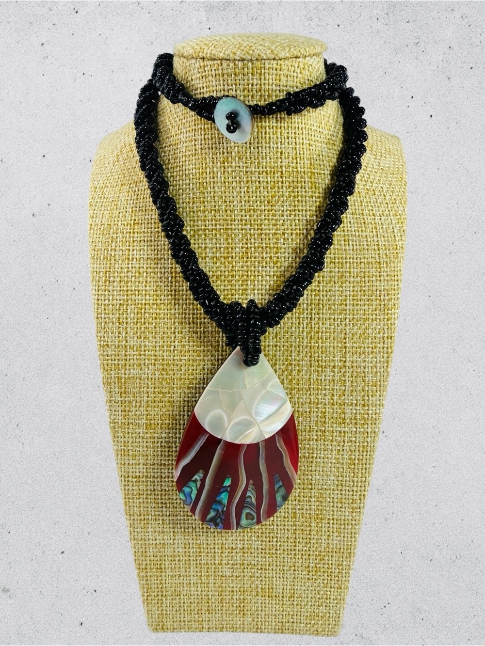 Boho Mother Of Pearl Abalone Teardrop Necklace Coconut Shell Black Seed Bead 16”